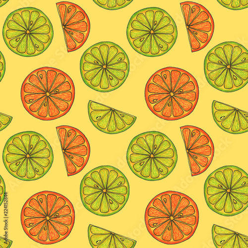 seamless pattern with slices of orange and lemon, hand drawn, makers