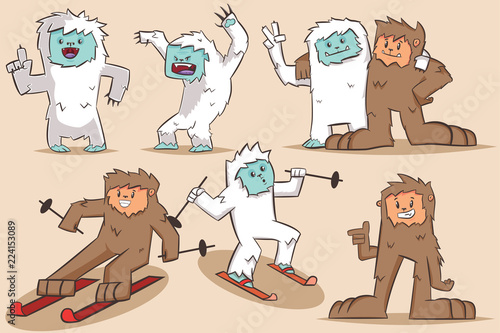 Yeti and Bigfoot vector cartoon character. Monsters set isolated on background.