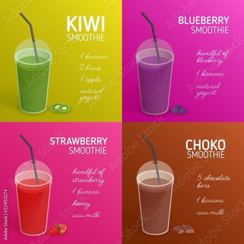 Collection of smoothie or cocktail recipes with colorful drinks made of tropical fruits, berries, chocolate and place for text. Beverages in plastic glasses with lid and straw. Vector illustration.