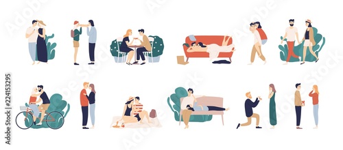 Bundle of scenes with adorable romantic couple. Man and woman kissing, hugging, riding bicycle, walking, eating, drinking cocktail, lying on sofa. Colorful vector illustration in flat cartoon style.