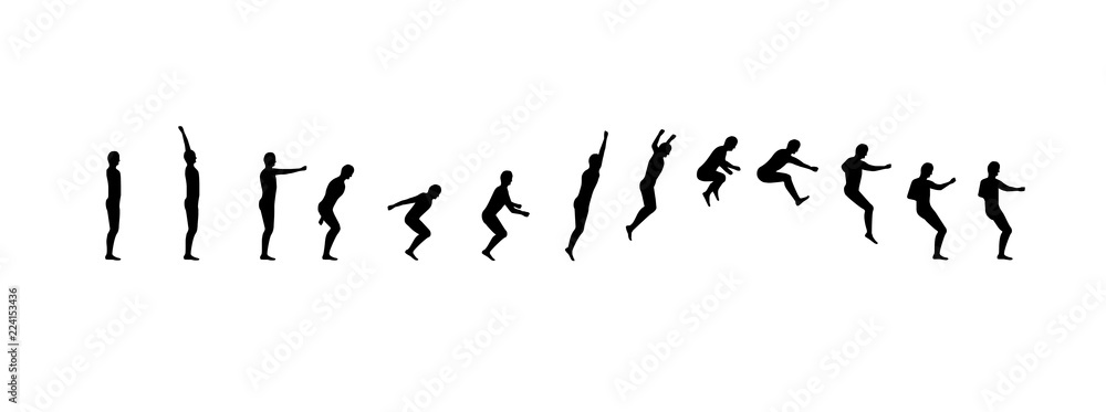Man running and jumping sequence vector illustration frames collection. Acrobatic sport animation shapes - obrazy, fototapety, plakaty 