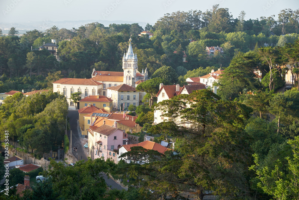 View of Sintra town with fairy building of City Hall among the thick green shade of trees. Portugal
