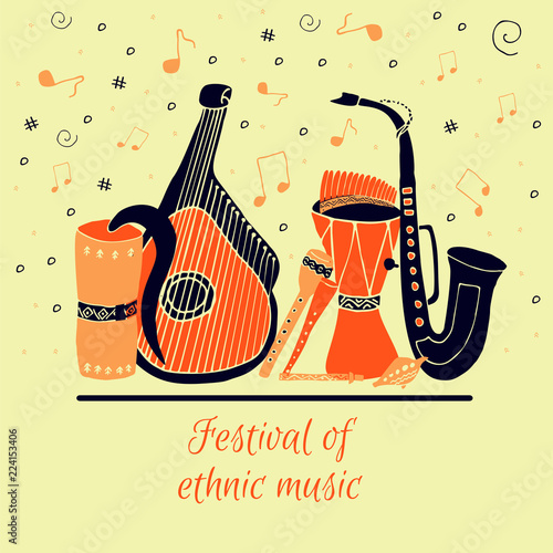 Set of hand drawn traditional Slavic, Ukrainian musical instruments. Reed pipe, kobza, buhay, sopilka, bandura, pan flute etc. Festival of ethnic music consept.