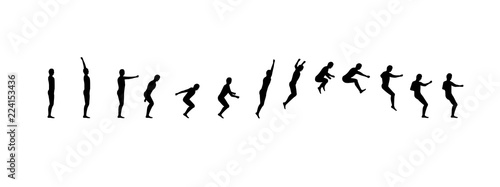 Man running and jumping sequence vector illustration frames collection. Acrobatic sport animation shapes