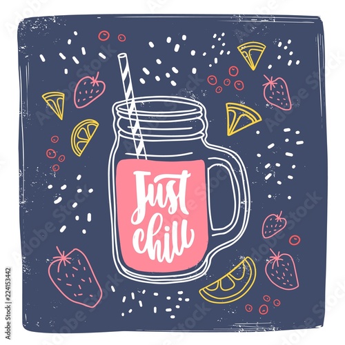 Square card template with Just Chill phrase handwritten with cursive font and...