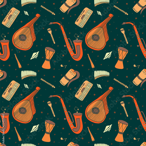 Seamless pattern of hand drawn traditional Slavic, Ukrainian musical instruments. Reed pipe, kobza, buhay, sopilka, bandura, pan flute etc.