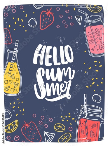Vertical card or postcard template with Hello Summer lettering written with c...