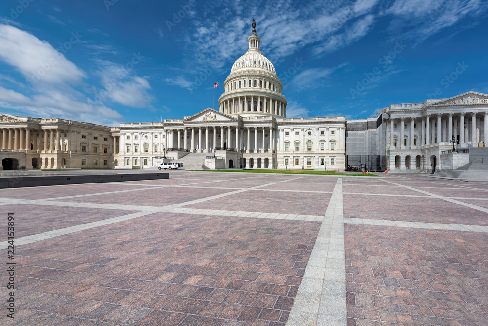 Washington DC, United States landmark. National Capitol building with US flag.