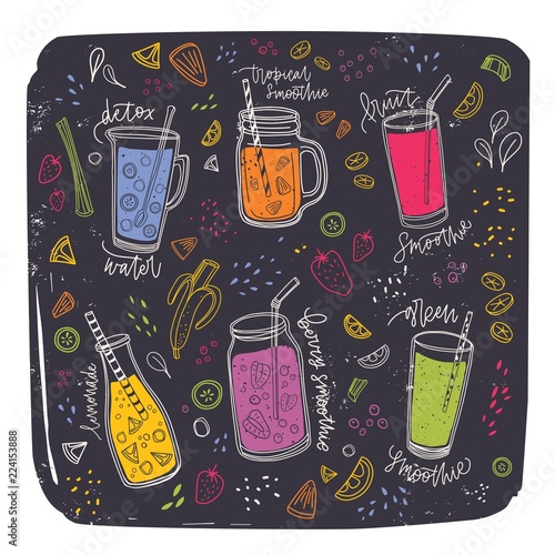 Collection of smoothies in glasses, bottles, jars and jugs with straw surroun...
