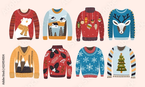 Collection of ugly Christmas sweaters or jumpers isolated on light background. Bundle of knitted woolen winter clothing with various prints. Colorful vector illustration in flat cartoon style. photo