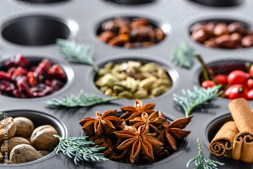 Traditional winter spice for baking. Christmas spices - cinnamon, anise, nutmeg.