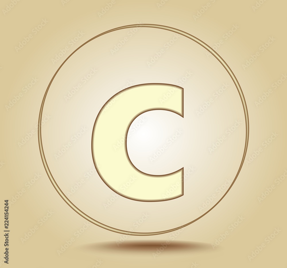 Letter C lowercase, round golden icon on light golden gradient background. Social media icon. Vector illustration EPS10 Letter C lowercase, round golden icon on light golden gradient background. Social media icon. Vector illustration EPS10