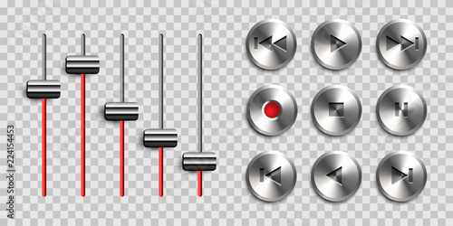 Retro technic interface. Vector set of metal buttons isolated on transparent background.