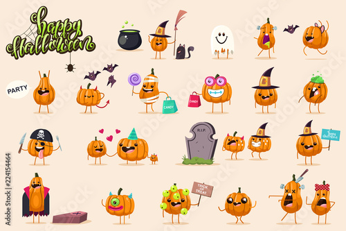 Halloween funny pumpkin character set. Vector cartoon illustration of a witch, pirate, zombie, monster, mummy, ghost and vampire isolated on background.