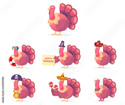 Thanksgiving turkey disguise. Vector cartoon cute character of bird in funny costumes set isolated on a white background.