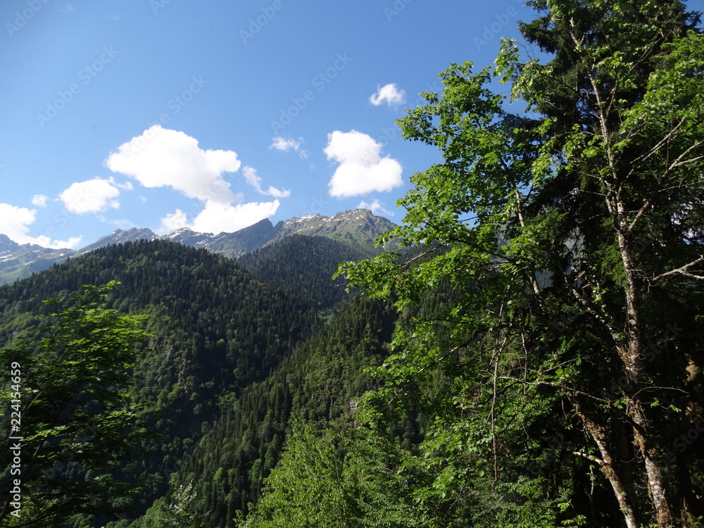 Caucasian mountains in Abkhazia with blue sky