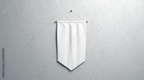 Blank white rhombus pennant mockup, wall mounted, 3d rendering. Empty flag mock up, isolated on surface. Clear hanging penant, front view. Promotion pennon tempalate. photo