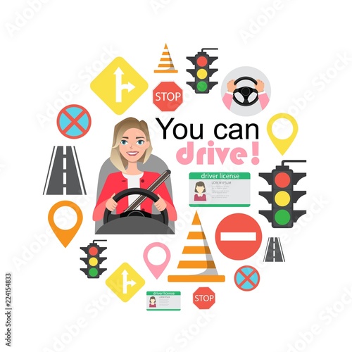 Set of road symbols and woman driver character