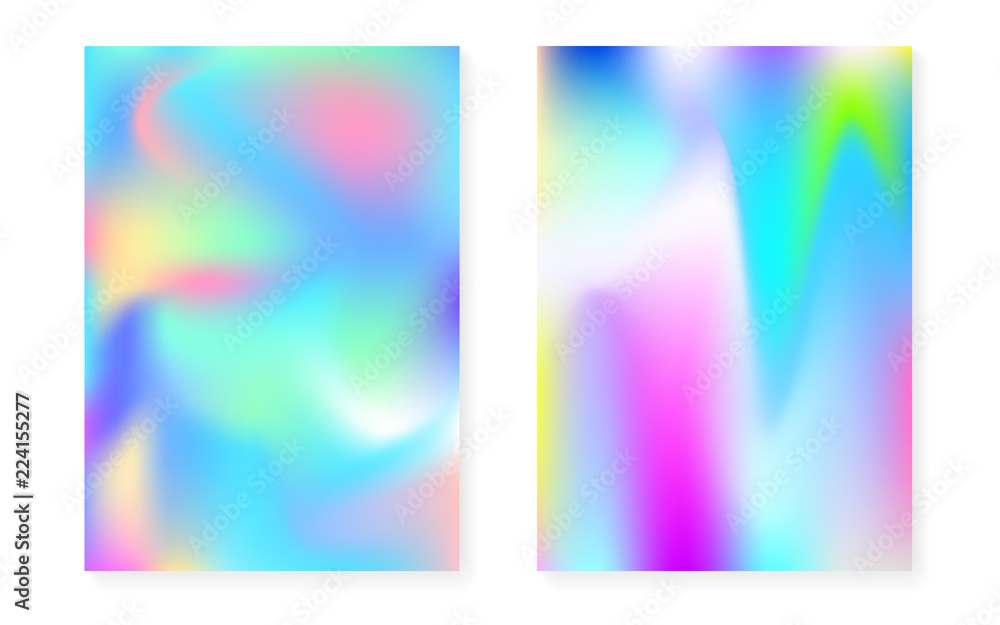 Holographic cover set with hologram gradient background. 90s, 80s retro style. Pearlescent graphic template for placard, presentation, banner, brochure. Trendy minimal holographic cover. Holographic cover set with hologram gradient background. 90s, 80s retro style. Pearlescent graphic template for placard, presentation, banner, brochure. Trendy minimal holographic cover.
