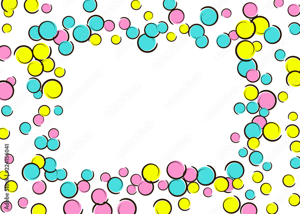 Comic background with pop art polka dot confetti. Big colored spots, spirals and circles on white. Vector illustration. Bright kids splatter for birthday party. Rainbow comic background.