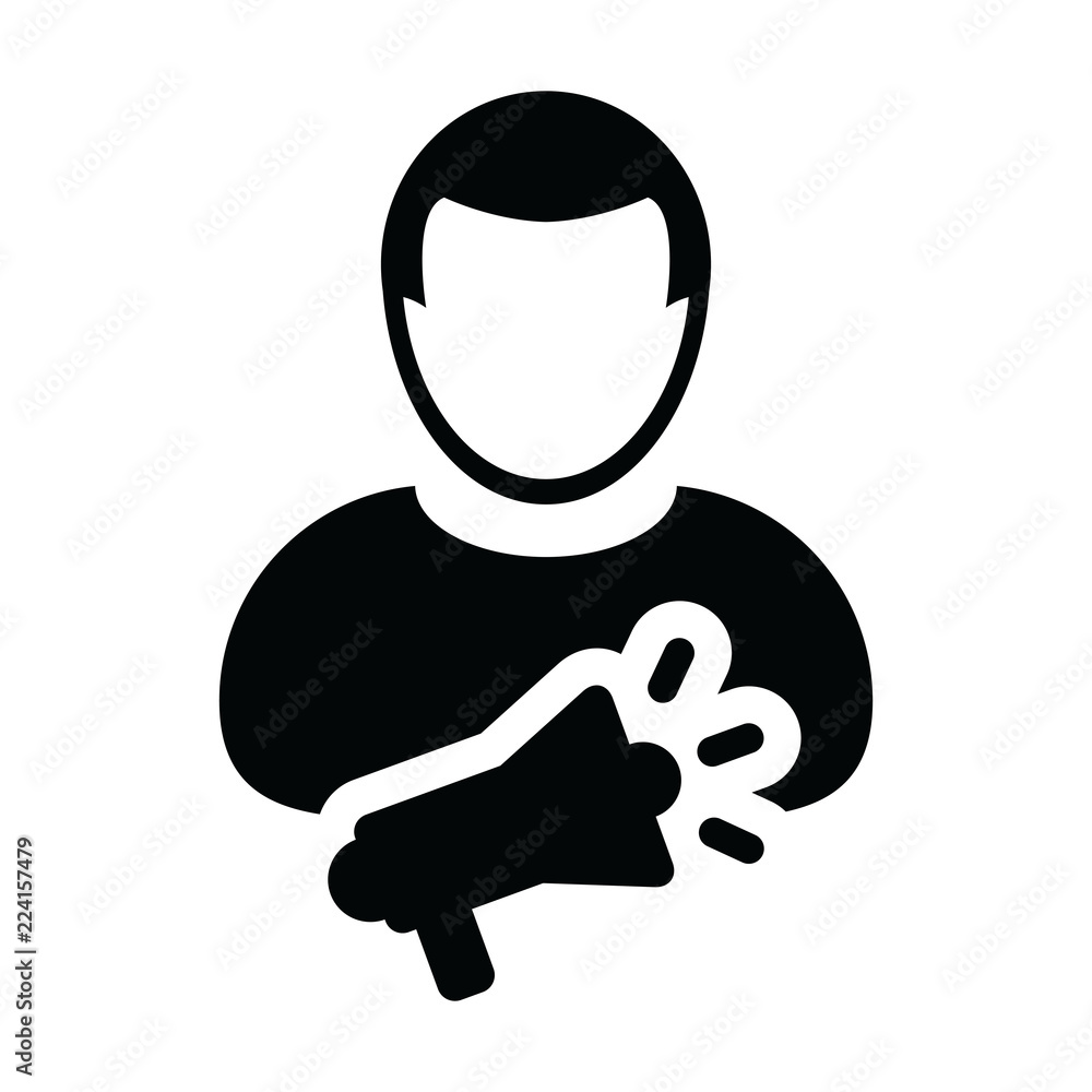 Speaker icon vector male person profile avatar symbol with megaphone for public speaking in glyph pictogram illustration Speaker icon vector male person profile avatar symbol with megaphone for public speaking in glyph pictogram illustration