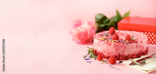 Wallpaper Mural Gift boxes, roses, raspberry cake with fresh berries, rosemary and dry flowers on pink background. Banner, copy space. Valentine's Day concept. Present with love Torontodigital.ca
