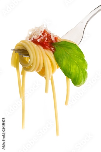Spaghetti on a Fork with Tomato Sauce and Basil