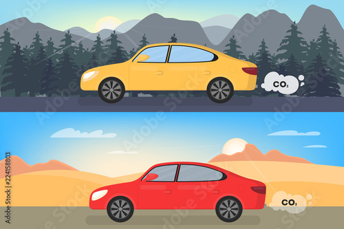 Car emits carbon dioxide. Air pollution with CO2 © inspiring.team