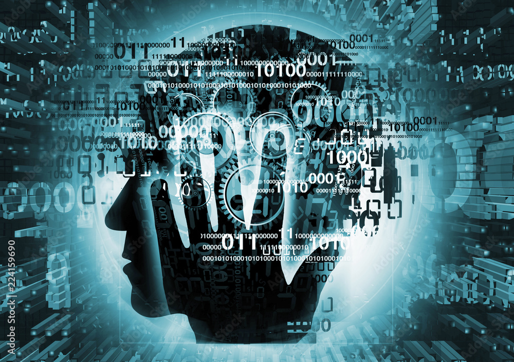 Programmer, computer expert silhouette. Stylized male head, programmer,  computer expert silhouette holding his head, with binary codes and gear.  Stock Illustration