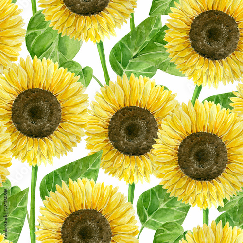 Seamless pattern with watercolor sunflowers, element for design.