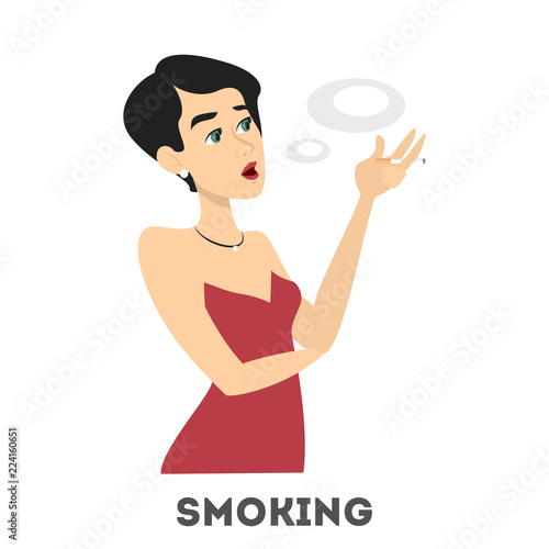 Pretty brunette woman smoking cigarette. Tobacco addiction.