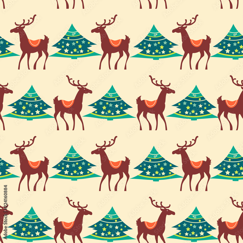 Christmas seamless pattern, deer and pine tree Christmas seamless pattern, deer and pine tree