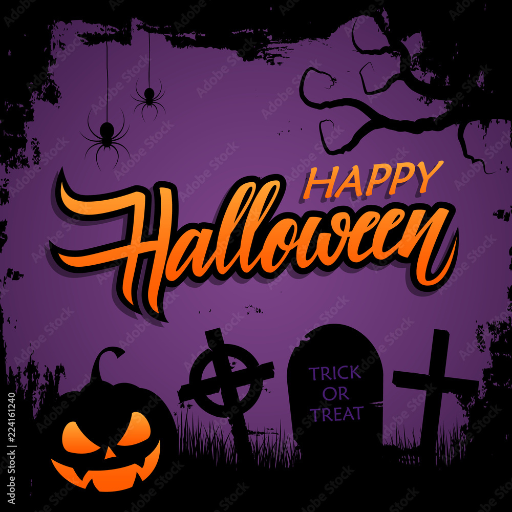 Halloween greeting card with brush stroke background, hand lettering text Happy Halloween and traditional holiday spooky symbols. Vector illustration.