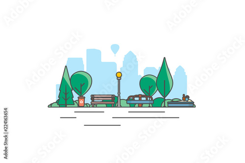 Public park in the city with children playground. Vector illustration.
