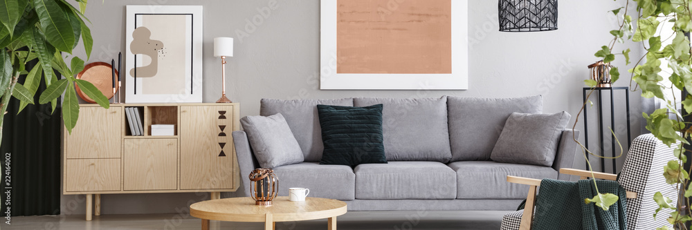 Real photo of light grey living room interior with wooden cupboard, two