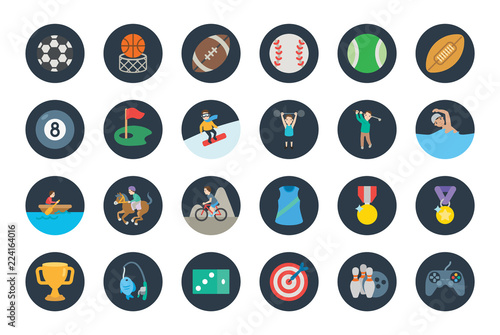 All type of sports, recreation, fitness emojis, emoticons, stickers. Games, horse riding, rider, soccer, football balls, mountain biking symbols, vector illustration icons, concept, set, collection