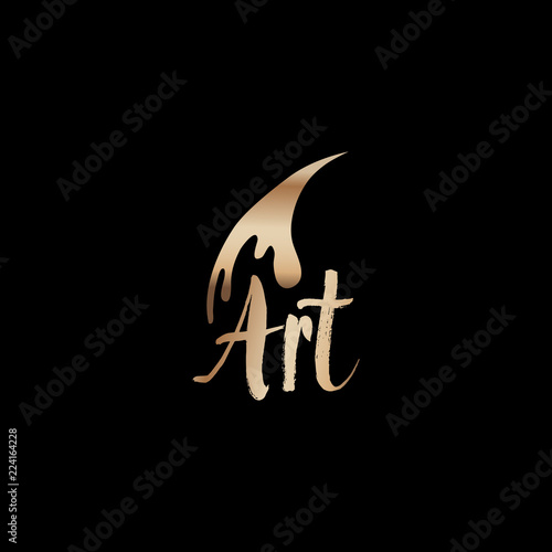Art classes golden lettering logo design with brush. Calligraphy school and masters with bronze handdrawn fonts. Gold metal sign on black background. Creativity logotype. Isolated vector