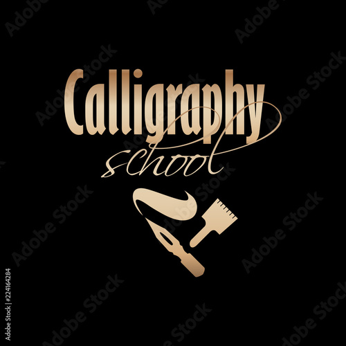 Golden lettering logo design. Calligraphy school and online education with bronze handdrawn fonts. Calligraphic pen and brush wave. Gold metal vector sign on black background. Isolated logotype