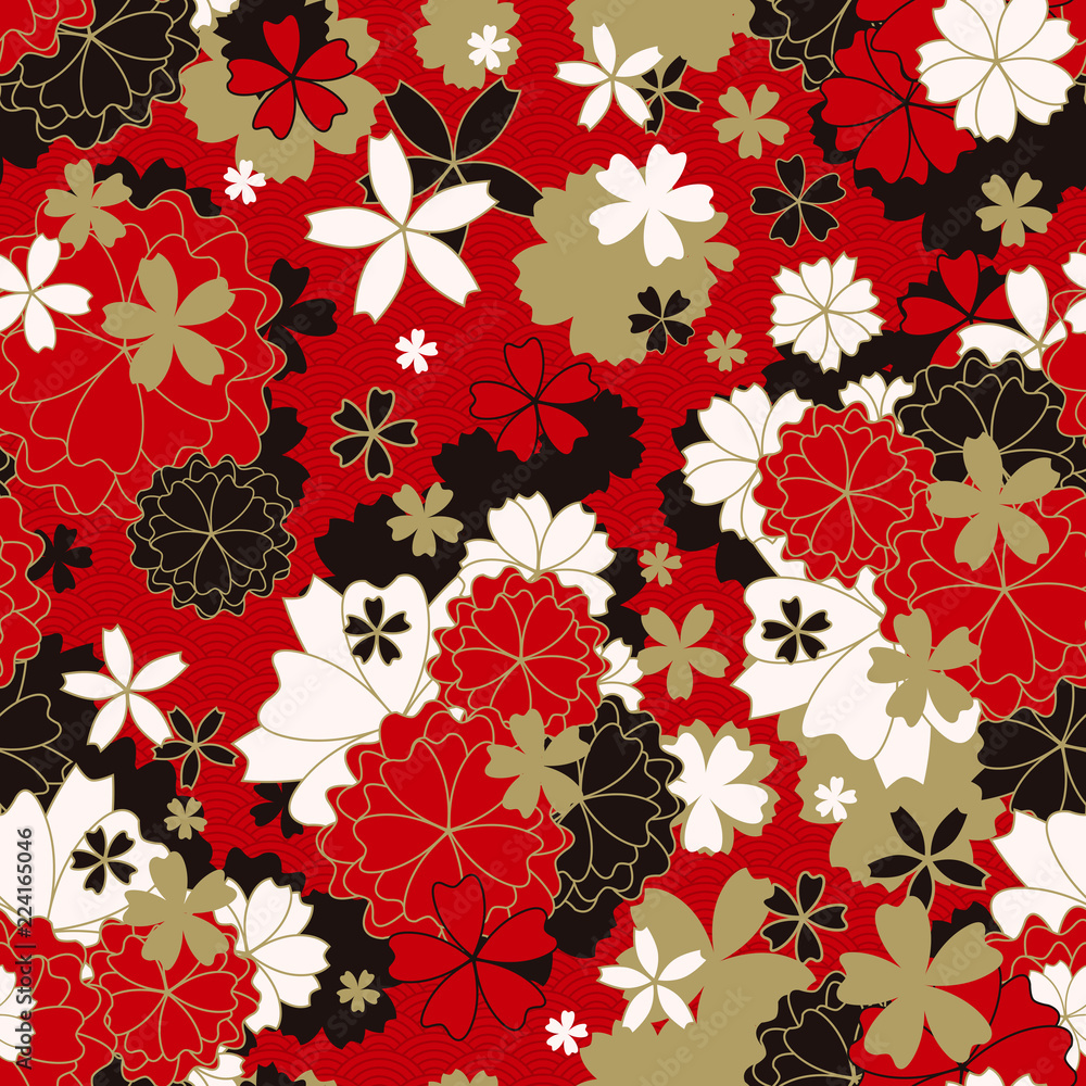 Japanese Classic Sakura Floral in Red, White, Black and Light