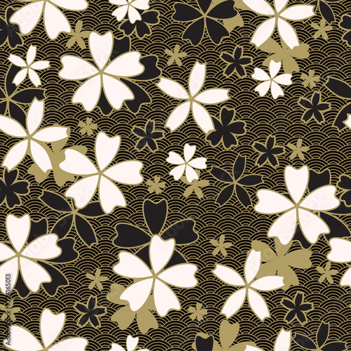 Japanese classic Sakura Vector Seamless Pattern floral in black and light beige colors. Traditional kimono, Asian festive motif with spring flowers in blossom, golden stroke effect and dark wavy
