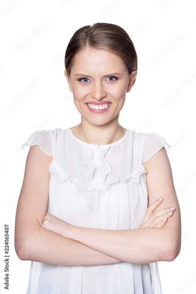 Portrait of beautiful woman posing on white background Portrait of beautiful woman posing on white background