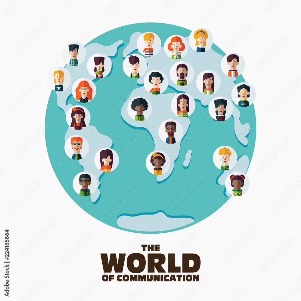 Set of social multi-ethnic people icons on World map. Male and female faces avatars. Communication and people connection vector concept Set of social multi-ethnic people icons on World map. Male and female faces avatars. Communication and people connection vector concept