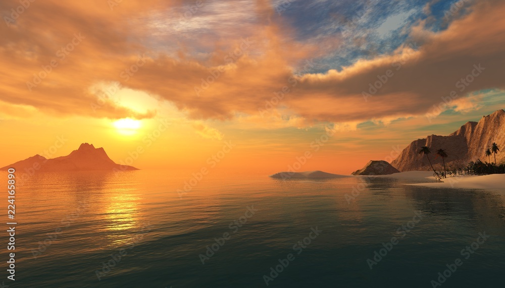 Island in the ocean at sunset, Tropical islands, beautiful seascape,

