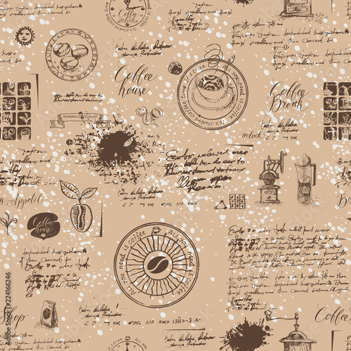 Vector seamless pattern on the coffee theme with a various coffee symbols, blots and inscriptions on a background of old manuscript in retro style. Can be used as wallpaper or wrapping paper