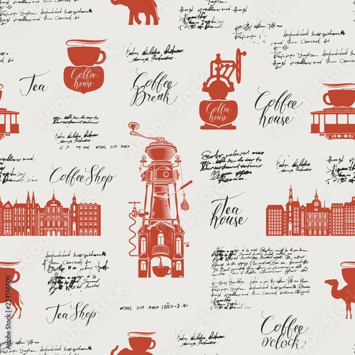 Vector seamless pattern on the tea and coffee theme with a various coffee symbols and inscriptions on a background of old manuscript in retro style. Can be used as wallpaper or wrapping paper