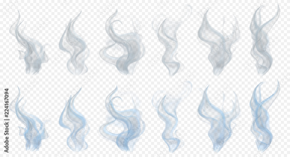 Set of realistic translucent smoke or steam in gray and light blue colors, isolated on transparent background. Transparency only in vector format Set of realistic translucent smoke or steam in gray and light blue colors, isolated on transparent background. Transparency only in vector format