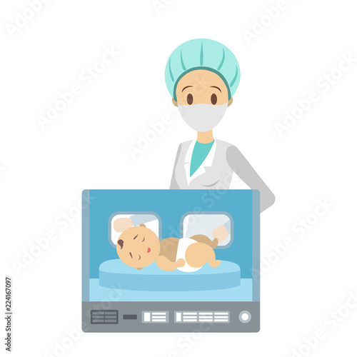 Newborn child in the hospital incubator box