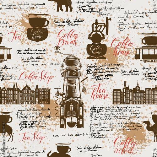 Vector seamless pattern on the tea and coffee theme with a various coffee symbols, blots and inscriptions on a background of old manuscript in retro style. Can be used as wallpaper or wrapping paper