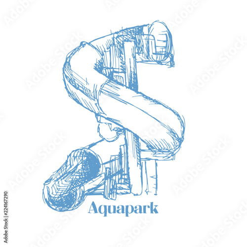 Screw Slides or Aqua Tube, Play in Aquapark Sketched Equipment for Logo. Isolated Aqua Park Cartoon Design. Vector Illustrations for Pool