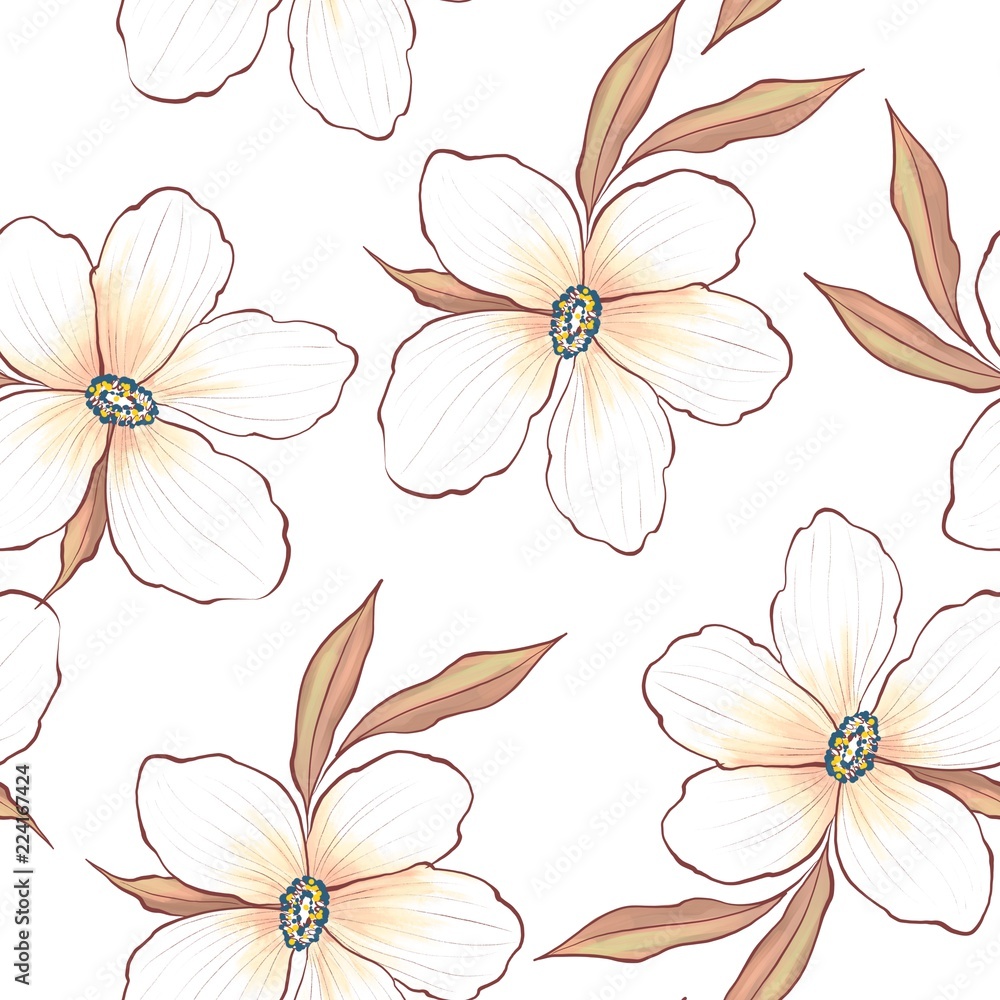 Elegance seamless pattern with white flowers on brown Elegance seamless pattern with white flowers on brown
